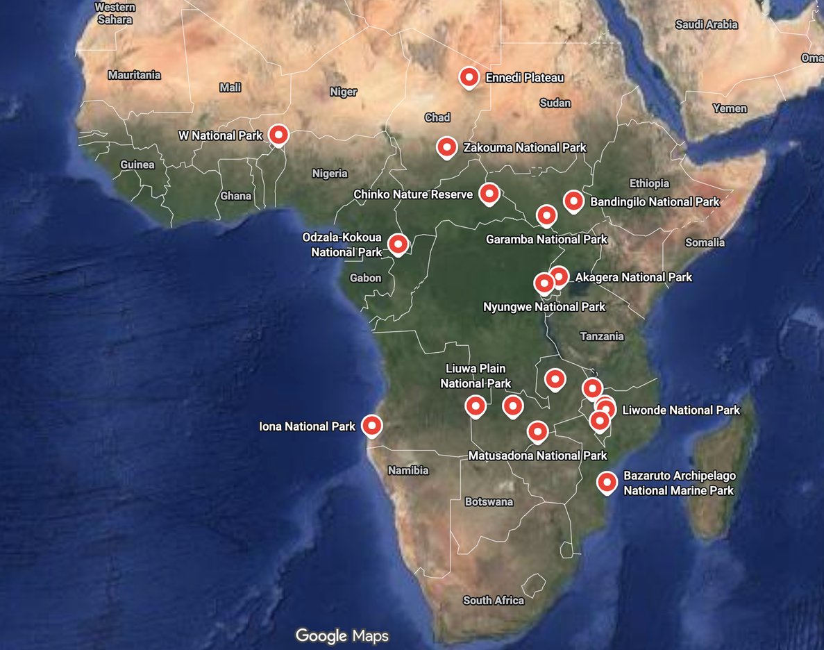 Map of the six African Parks locations where Abundelo operates