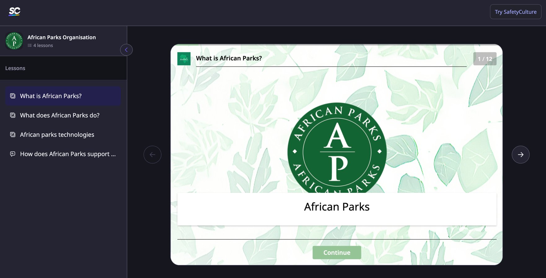 Preview of an Abundelo course built on SafetyCulture, covering What is African Parks